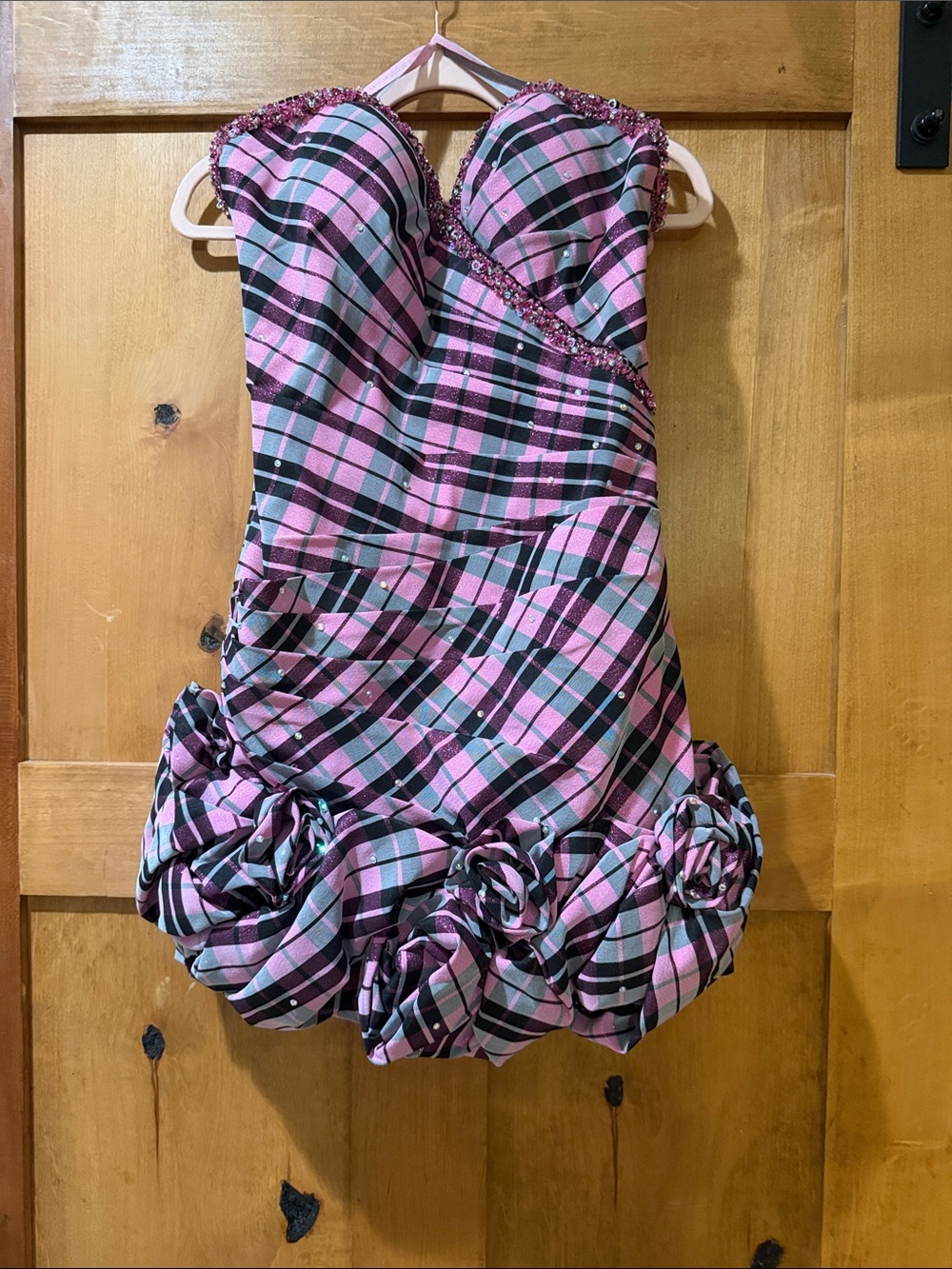 Strapless Pink Plaid women’s One-Piece Dress with Rosette Hem